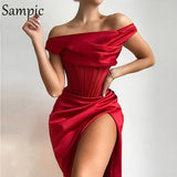 Sexy Women Fashion Party Club Red Long Split Wrap Stain Dress 2020 Black Off Shoulder Sleeveless Bodycon Corset