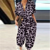 Leopard Print Jumpsuit Retro Summer Short Sleeve Lace-Up Playsuit Overalls Casual Button V-Neck Pocket Romper Bodysuit