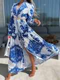 Women Spring New Chic Long Coat Dress Elegant Print Boho Dress Fashion V-Neck Single Breasted Lantern Sleeve Part Dress