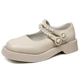 Brown Pearls Strap Mary Jane Shoes Women 2022 Vintage Round Toe Platform Shoes Woman Double Buckle Lolita Shoes