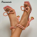 Pearls Rhinestones Bowknot Women Sandals Elegant High heels Ankle Strap Gladiator Sandals Summer Wedding Bridal