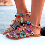 Shoes Women's Sandals Bohemian Gladiator Leather Sandals Flats Summer Shoes Woman Pom-Pom Sandals For Women sandalia