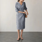 Vintage Check Dress Women's Summer Sundress ZANZEA 2022 Casual V Neck Robe Female Short Sleeve Mid-Calf