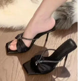 Breakj Satin Water Drill Sandals Women In Spring 2025 New Bows With High Heels Toe Wearing