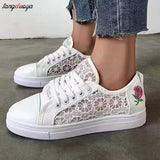 Women Shoes 2022 Fashion Summer Casual White Shoes Cutouts Lace Canvas Hollow Breathable Platform Flat Shoes Woman Sneakers