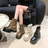 Breakj Celebrity Thick Bottom Tube Boots Female 2023 Winter New British Style Fashion Belt Buckle High Heel Small Short