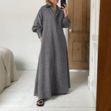 Winter Dress For Women'Solid Sundress Vintage Lapel Pleated Kaftan Dress Long Robe Femme VONDA Casual Long Vestidos