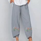 New Floral Print Cotton Linen Pants Fall Summer Loose Irregular Elastic Waist Wide Leg Pant Casual Elegant Pocket