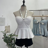 Small Fragrant Wind With Hanging Neck Bow Sling Vest Short High-Waist Shoulder Tector Blouse