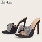 Summer Women High Heels Mules Slippers Female Peep Toe Stiletto Heels Slippers Silver Bling Butterfly-knot