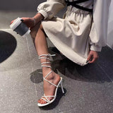 Summer New High-Heeled Sandals Women's Round Head Tied With Thin Heels And Large Size Ladies