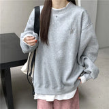 Splicing Pullover Women Autumn Winter Fleece Thick Korean Version Oversized Hoodies O Neck Long Sleeve Girl