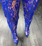 Women Lace Over The Knee Boots Pointy toe Stiletto High Heels PVC Thigh High Boots Blue Red Black Lace Long Boots Plus