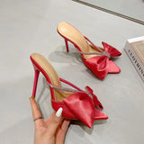 CRYSTAL Butterfly-knot Mule High Heels Slippers Sandals Pointed Toe Strappy Slides Party Women Slippers Shoes