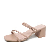 Breakj Women Sandals Ladies Square Heels Elegant Summer Slippers Outside Cross Tied Leather Female Slides 2023 Fashion Woman