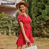 Summer Women Elegant Dot Print Mini Dresses Boho Ruffles Short Sleeve Sashes Dress Female V Neck A Line Chic Party