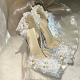 Breakj Small Fragrant Wind Tip High Heels Women 2025 Spring And Summer Lace Flowers Fine Heel Wedding Shoes Pearl Chain Single