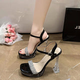 Breakj Hate Sky High High Heel Sandals French Crystal Waterproof Table Linolee Show New One-Word Buckle Strap Summer