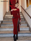 Christmas Party Dress Women Velvet Hollow Out Turtleneck Sexy Side Split Elegant Women Red Midi Dresses For Woman
