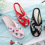 Breakj Embroidered Cloth Shoes Cloth Art Outside Wear Slippers Summer Cool Drag National Wind Retro Xiangyun Fish Mouth Women's
