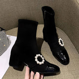 Ankle Boots Woman Pearl Mid Heel Shoes Female Zipper Flower Pu Pointed Toe Comfort Ladies Shoe Elegant Women