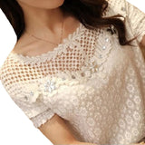 Office Shirts White Chiffon Shirts Hollow out Elegant Ladies tops Blusas Women's Clothing Lace Tops Casual