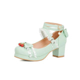 Women Cute Lolita Cosplay Shoes Bow Mid Chunky Heel Heart Strap Platform Mary Jane Pumps Kawaii Sweet School Girl