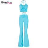 women halter bandage v-neck sleeveless ruched tops sweatpants solid matching set sexy clubwear stretchy skinny