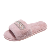 Hairy Slippers Pearl Fashion Flat Slippers Women's Home Leisure Anti-Rabbit Cotton Slippers Big