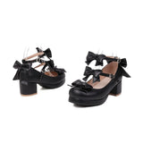 Women's Kawaii Sweet Bow Cosplay Dress Shoes Chunky Platform Mid Block Heels Buckle Ankle Strap Mary Jane Pumps Pink Black