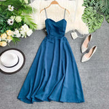 2020 Women Sleeveless Spaghetti Strap Dress V Neck Back Cross Strap Beach Dress Elegant High Waist Party