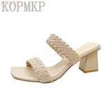GLADIATOR Slip-On New Women Sandals Summer Pearl Women Beach Slippers Sandals Square Toe Slides Zapatos De Mujer Size