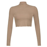Solid Nude Turtleneck Cropped T Shirt Women Autumn Casual Long Sleeve T-shirt Ladies Skinny Basic Tee Shirt