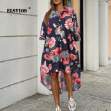 Women Turn-down Collar Flower Print Casual Shirt Dress Fashion Summer Half Sleeves Buttons Cardigan Irregular Elegant