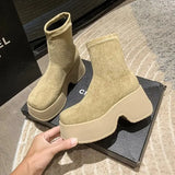 Women Platform Ankle Boots Suede Black Khaki Elastic Thin Boots Chunky High Heel Slip on Gothic Short Botas