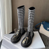 Women Platform Boots 2021 Winter Gothic Shoes Long Boots Houndstooth Black Beige Mid Calf Boots Round Toe Slip on Riding