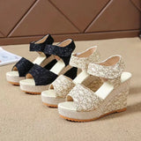 Breakj Summer New Slope And Fish Mouth Sandals Women's Casual Loose Cake Thick-Sed High-Heeled Magic Sticker Women's