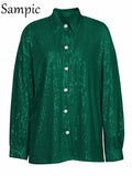 Elegant Female Y2K Sequins Club Shirt Tops 2022 Green Spring Summer Fashion Loose Sexy Party Women Long Sleeve T