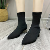 Women's Knitted Ankle Boots Pointed Toe Stretchy Chunky med Heels Fashion Sock Short