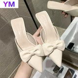 Women Sandals Pointed Toe Solid Color Bowknot Summer Dress Shoes Pumps Thin High Heels Sandals Zapatillas Casa Mujer