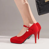 Women Super High Heel Suede Leather Dress Shoes Casual Platform Vintage Mary Janes Pumps Strap Buckle Thin Heels Large Plus