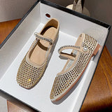 Air-mesh Crystal beading flat shoes woman glitter baller flats square toe pearl rivets lace mary janes shoes big size