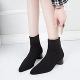 Autumn And Winter New Pointed Middle-Sleeve Boots Women's Thick Heels, Knitted Fashion Elastic Boots, Comfortable Casual