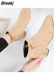 Women Boots Casual Leather Low High Heels Spring Shoes Woman Pointed Toe Rubber Ankle Boots Black Red Zapatos