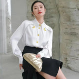Casual Black Shirt For Women Lapel Long Sleeve Solid Minimalist Button Through Blouse Female Clothes Style New