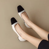 Color Small Fragrant Wind Square Head Thick Heel Single Shoes Female Spring And Autumn 2024 French Medium Heel Shallow Mouth Ladle Shoes French High-Heeled