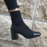 Boots 2023 Autumn And Winter New Thick-Heeled Knitted Socks, Square Head Korean Version Of Fashionable Short Boots Martin