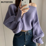2020 New Autumn Winter Patchwork Short Sweaters Casual O-neck Lantern Sleeve Loose Warm Female Knitted Tops