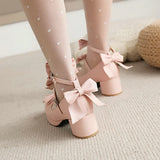 Women's Kawaii Sweet Bow Cosplay Dress Shoes Chunky Platform Mid Block Heels Buckle Ankle Strap Mary Jane Pumps Pink Black