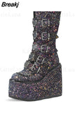 Design Gothic Boots INS Hot Great Quality Fashion Cool Motorcycle Boots Big Size 43 Wedges Heart Platform Mid-Calf